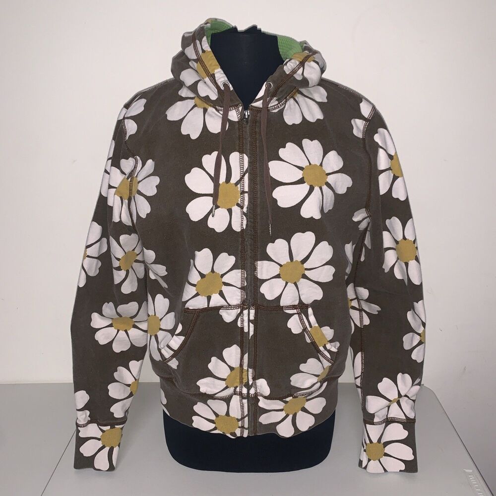 Vtg Lucky Brand Full-Zip Hoodie Women Brown White Floral Size XL Y2K Hippy Boho